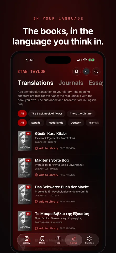 The books in Spanish, French, Dutch and German, free with the book you own