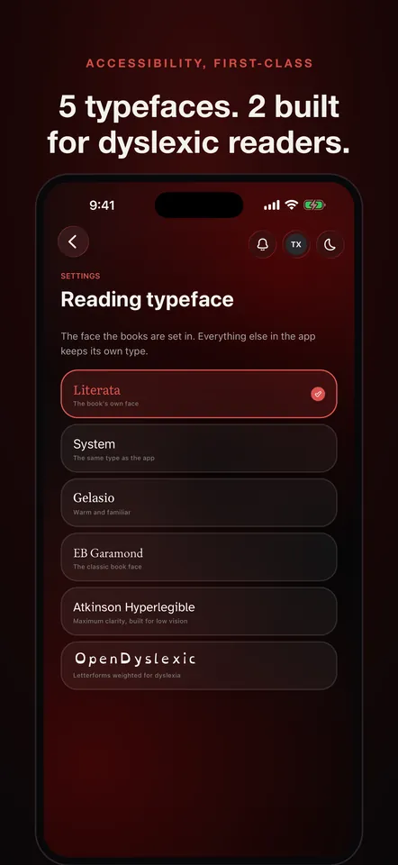 Five reading typefaces, two of them built for dyslexic readers